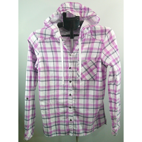 Columbia Hooded Button-down Navy Purple Plaid shirt jacket Women's Small - Picture 6 of 6